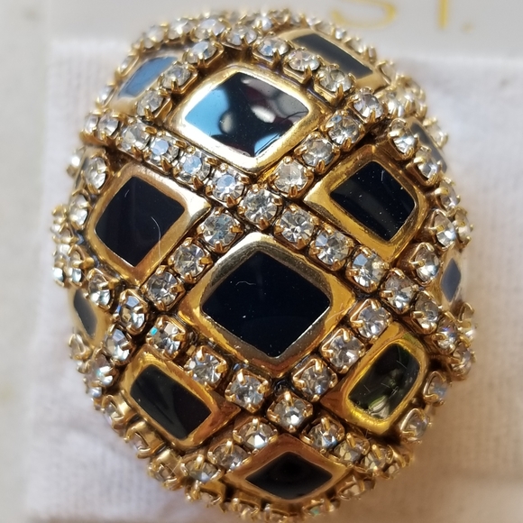 NWT St. John blk. epoxy, rhinestones, gold clip earrings. - Picture 8 of 10